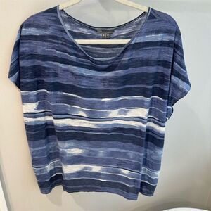 Vince Women's Blue Striped V-Neck T-Shirt Sheer Shoulder Detail Size M